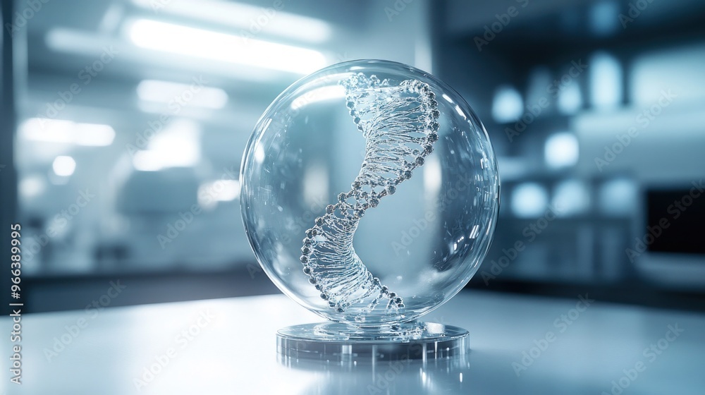 Transparent glass-like object with floating DNA strands inside, suspended in a sterile lab, with soft light enhancing its intricate details, perfect for modern science visuals Transparent glass-like object with floating DNA strands inside, suspended in a sterile lab, with soft light enhancing its intricate details, perfect for modern science visuals