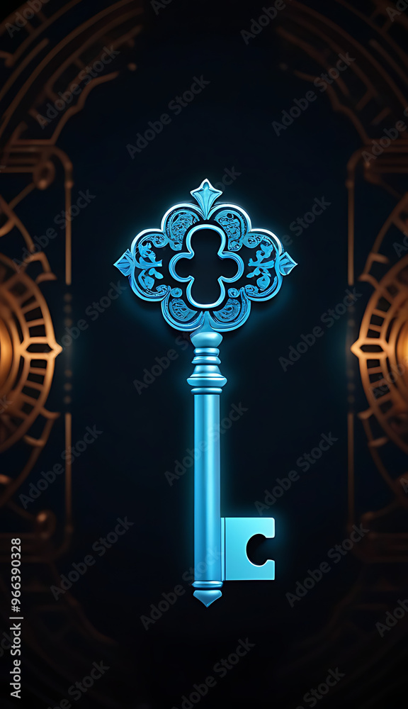 Obraz premium abstract digital art featuring glowing blue key surrounded intricate patterns symbols dark cosmic background