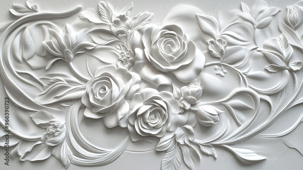 Elegant white floral relief artwork featuring roses and delicate leaves showcased on a smooth surface in a bright setting Elegant white floral relief artwork featuring roses and delicate leaves showcased on a smooth surface in a bright setting
