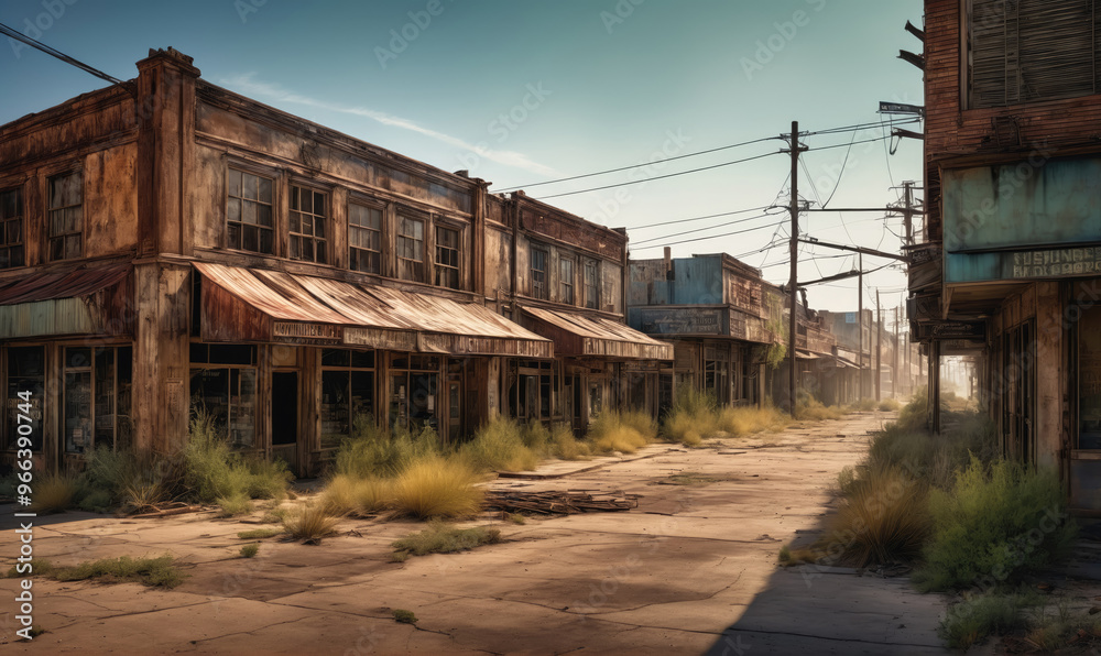 An abandoned street in a ghost town, lined with empty storefronts, shows the effects of time and neglect An abandoned street in a ghost town, lined with empty storefronts, shows the effects of time and neglect