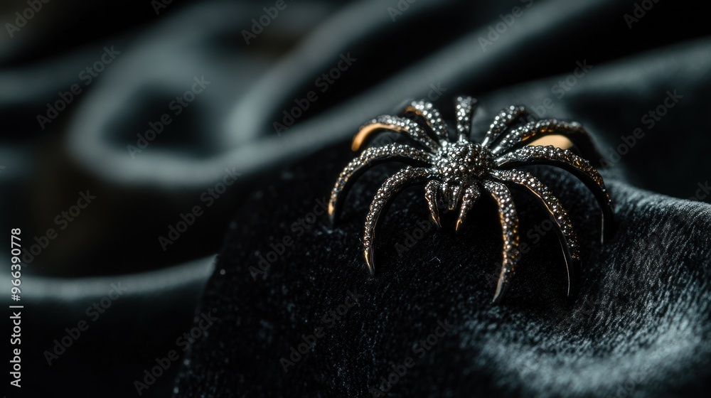 A decorative spider brooch adorned with gemstones on a dark fabric background. A decorative spider brooch adorned with gemstones on a dark fabric background.