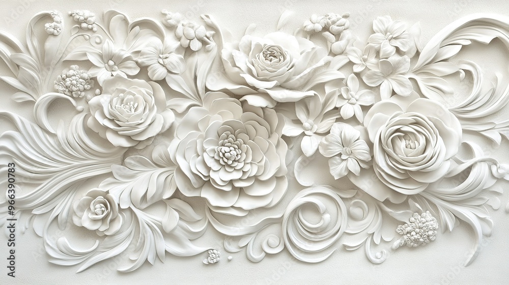 Delicate white floral wall art featuring intricate designs of roses and blossoms in a softly textured background Delicate white floral wall art featuring intricate designs of roses and blossoms in a softly textured background