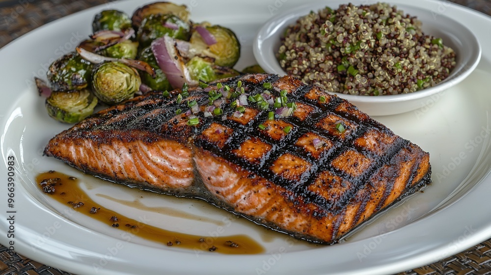 A white plate featuring salmon atop a bowl of Brussels sprouts, accompanied by a side of Brussels sprouts A white plate featuring salmon atop a bowl of Brussels sprouts, accompanied by a side of Brussels sprouts