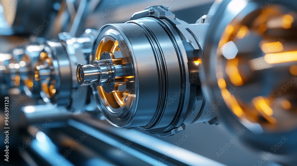 A close-up view of metallic components showcasing intricate design and engineering, likely part of machinery or technology. A close-up view of metallic components showcasing intricate design and engineering, likely part of machinery or technology.