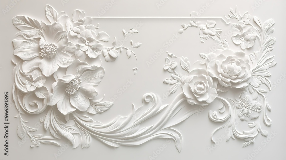 Elegant white plaster relief featuring intricate floral designs with roses and blossoms on a textured surface Elegant white plaster relief featuring intricate floral designs with roses and blossoms on a textured surface