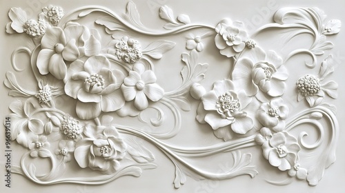 Ornate floral plaster relief featuring intricate blossoms and graceful vines in a soft white finish suitable for interior decor