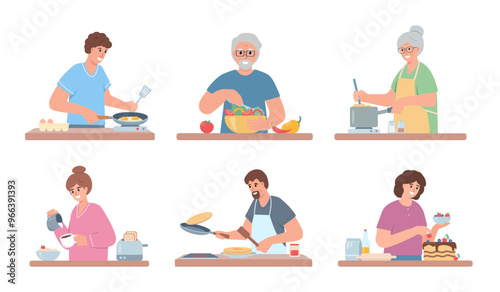 Set of smiling people cooking on kitchen table. Female and male characters preparing food isolated on white background. Healthy lifestyle concept. Vector cartoon or flat illustration.
