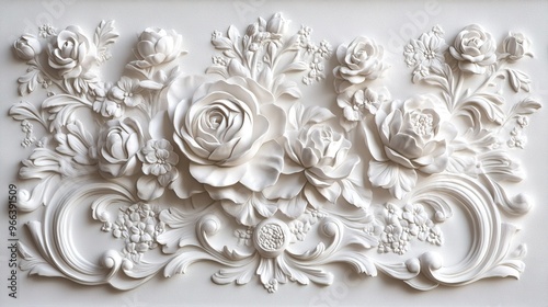 Elegant white floral relief sculpture showcasing roses and detailed foliage against a smooth background