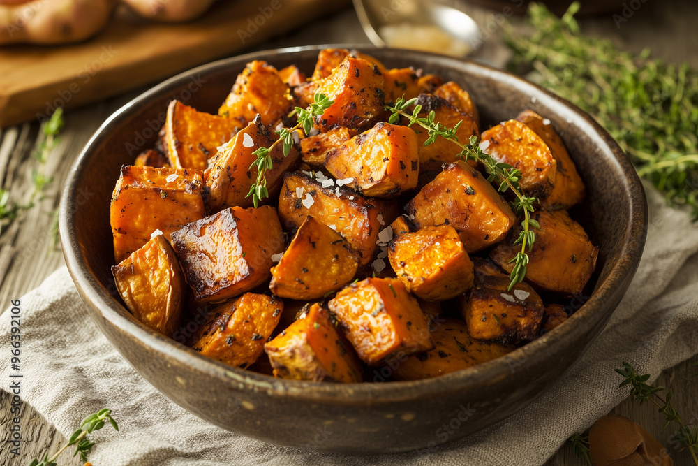 Close-up of roasted sweet potatoes garnished with fresh thyme and sea salt, served in a rustic bowl, perfect for a hearty and flavorful autumn meal Close-up of roasted sweet potatoes garnished with fresh thyme and sea salt, served in a rustic bowl, perfect for a hearty and flavorful autumn meal