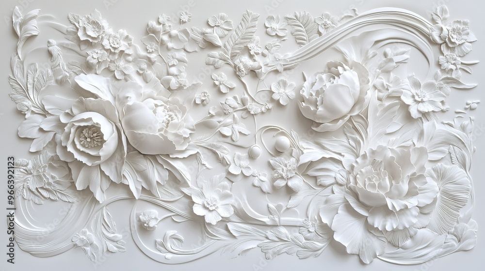 Intricate white floral wall relief showcasing peonies and delicate blossoms in an elegant design Intricate white floral wall relief showcasing peonies and delicate blossoms in an elegant design