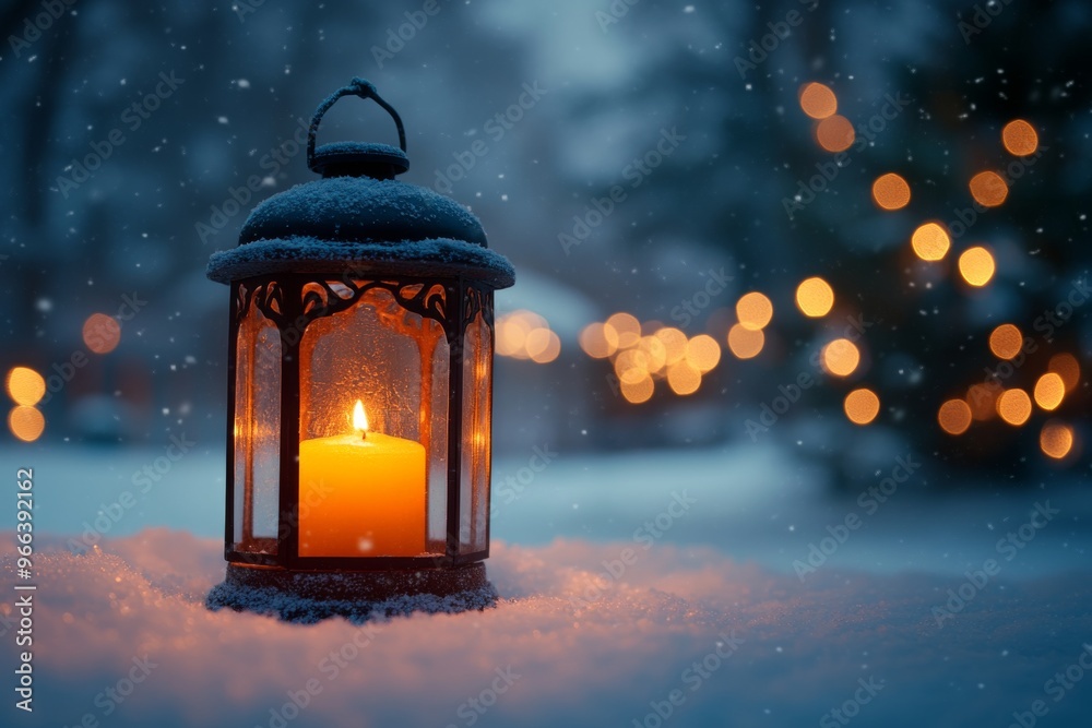 Christmas lantern with light inside on the path strewn with snow. Festive card with copy space Christmas lantern with light inside on the path strewn with snow. Festive card with copy space