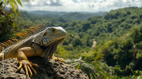 Iguana Wygrzewająca Się na Skalistym Wzgórzu w Tropikalnym Lesie photo