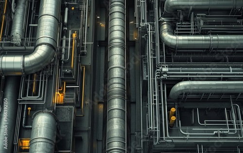 A complex arrangement of industrial pipes and machinery, showcasing engineering and infrastructure design. photo