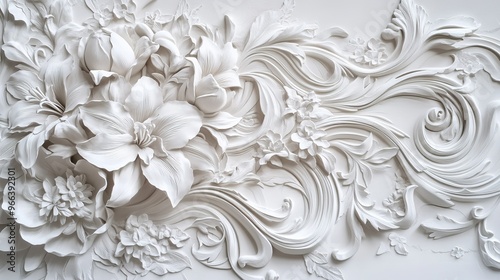 Intricate white floral relief sculpture featuring elegant blooms and flowing designs created with craftsmanship and artistry