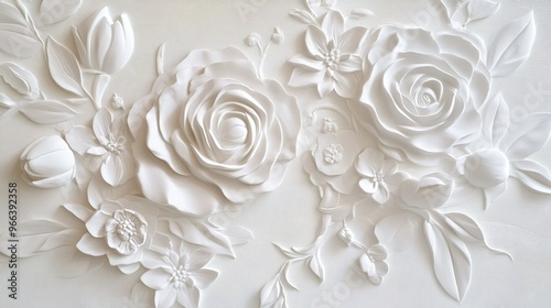 Elegant white floral relief art featuring intricate roses and blossoms against a textured background