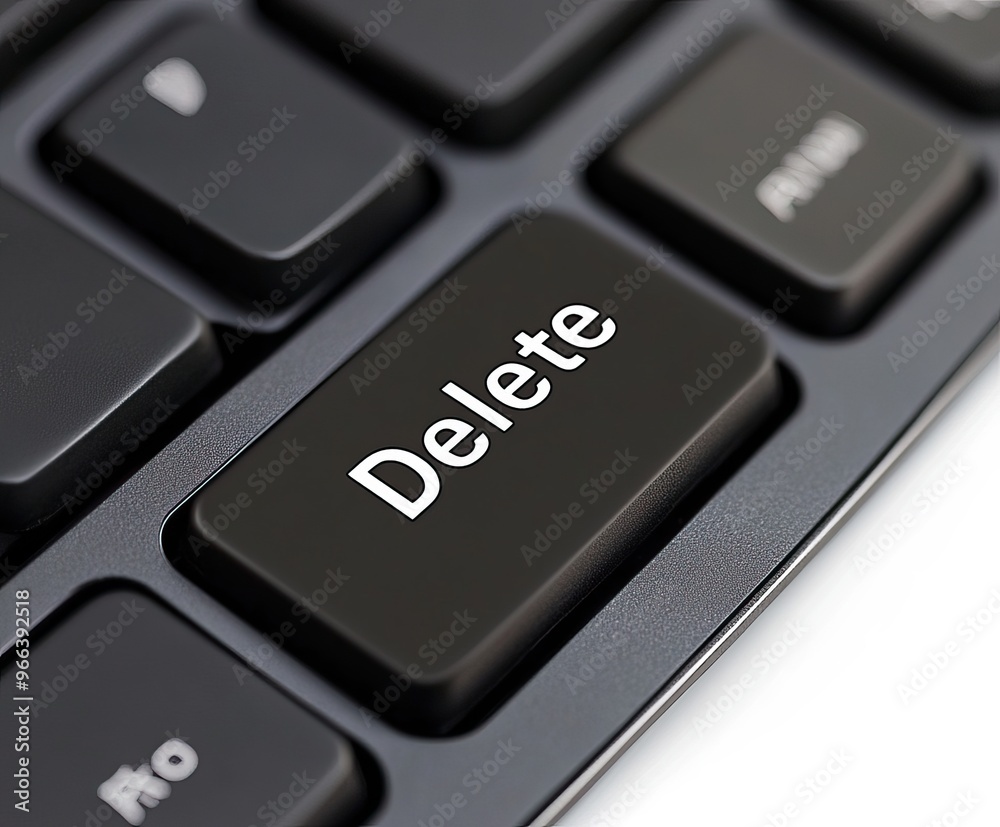 Close-up of a black keyboard with a Delete key in focus. AI generated image Close-up of a black keyboard with a Delete key in focus. AI generated image