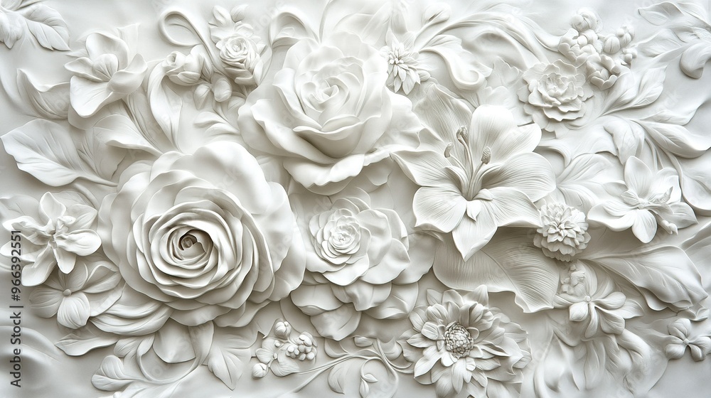 Intricate white floral relief artwork featuring roses, lilies, and various blossoms crafted with delicate details Intricate white floral relief artwork featuring roses, lilies, and various blossoms crafted with delicate details