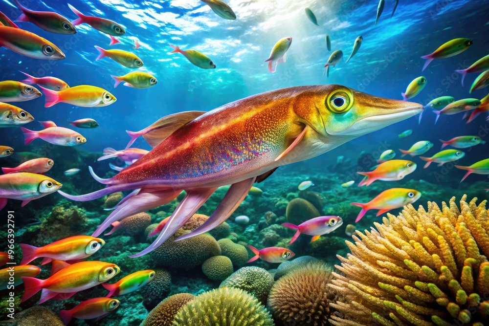 Fototapeta premium A vibrant, underwater scene features a colorful squid swimming near a coral reef, its tentacles stretching out amidst schools of small, shimmering fish.