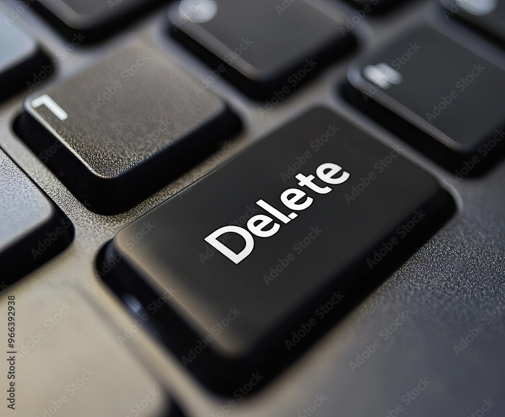 Close-up of a black keyboard with a Delete key in focus. AI generated image Close-up of a black keyboard with a Delete key in focus. AI generated image