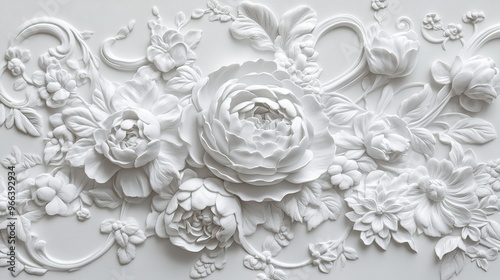 Elegant white floral relief artwork showcasing intricate details of various flowers and foliage in a harmonious arrangement