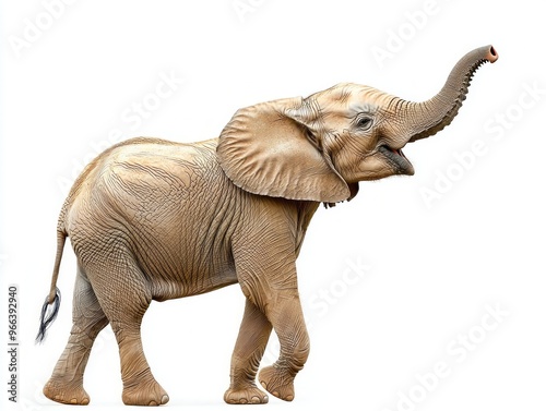 stunning African elephant stands proudly with its trunk raised high, embodying grace and strength. The intricate textures of its skin are beautifully highlighted against a crisp white backdrop.