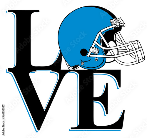 Love - blue and black football player helmet, sport vector graphics, hockey, for street art - graffiti lettering typography - art illustration - multicolor - writen Word -	
