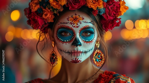 A beautiful woman with sugar skull face paint, Mexican background, Dia de los muertos celebration.