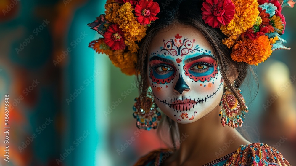 A beautiful woman with sugar skull face paint, Mexican background, Dia de los muertos celebration. A beautiful woman with sugar skull face paint, Mexican background, Dia de los muertos celebration.