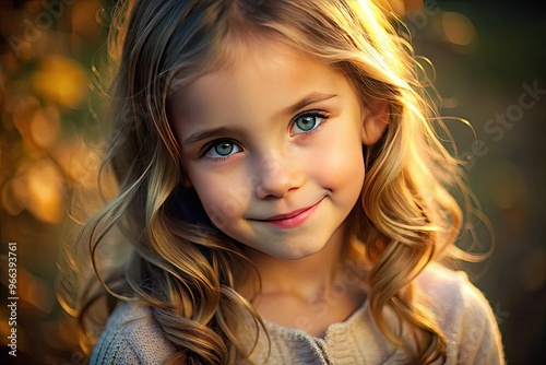 A warm, serene portrait of a young girl with an angelic, mischievous glint in her eye and a subtle, enigmatic smile that hints at hidden secrets. photo