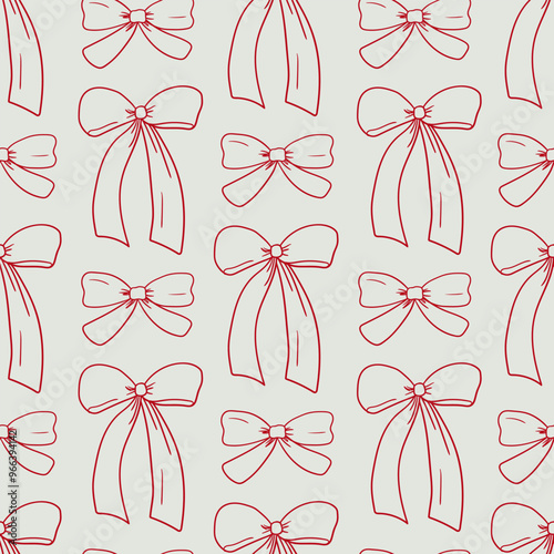 Seamless pattern with bows in sketch style. Vector outline background with hand drawn ribbons in retro style. Coquette and ballet core