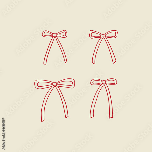 Set of cute simple small outline ribbons. Vector hand drawn illustration of bows. Holiday clipart in retro sketch style