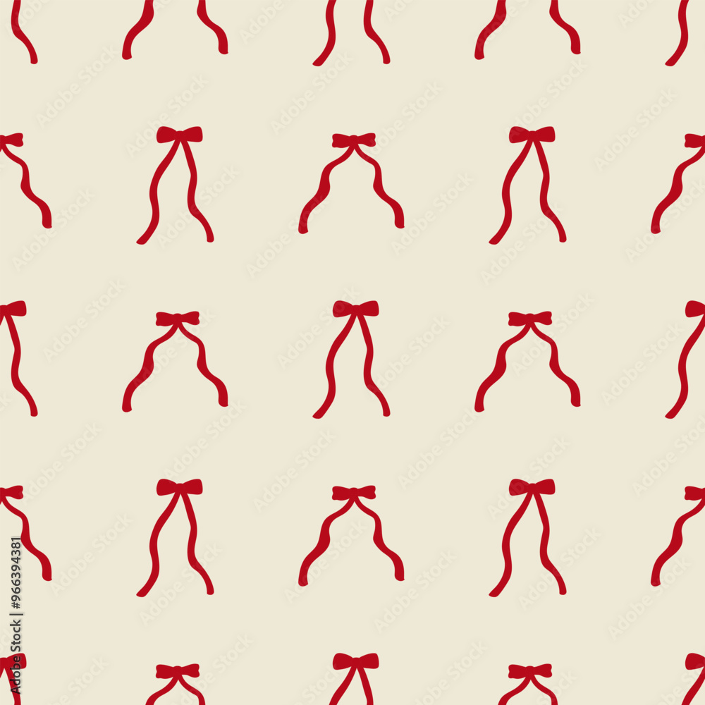 Seamless pattern with abstract simple red ribbons. Vector flat background with small bows in retro style. Coquette and ballet core. Holiday valentines day print Seamless pattern with abstract simple red ribbons. Vector flat background with small bows in retro style. Coquette and ballet core. Holiday valentines day print