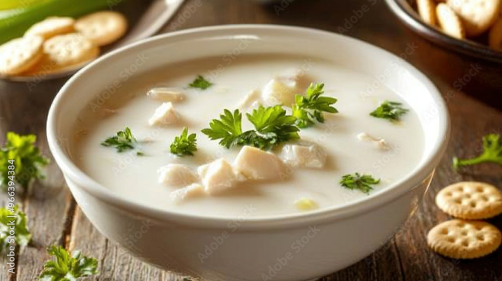 A bowl of soup with crackers & celery next to it A bowl of soup with crackers & celery next to it
