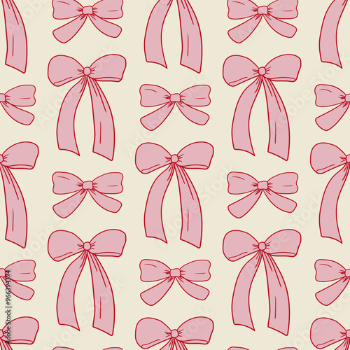 Cute seamless pattern with pink hand drawn bows. Vector background with ribbons in retro style. Coquette and ballet core aesthetic