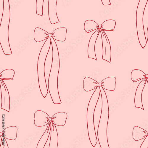 Seamless pattern with bows in sketch style. Vector outline background with hand drawn ribbons in retro style. Coquette and ballet core