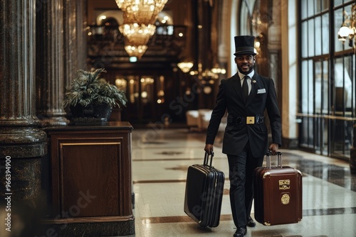 A professional hotel bellhop providing luggage assistance in an elegant lobby photo