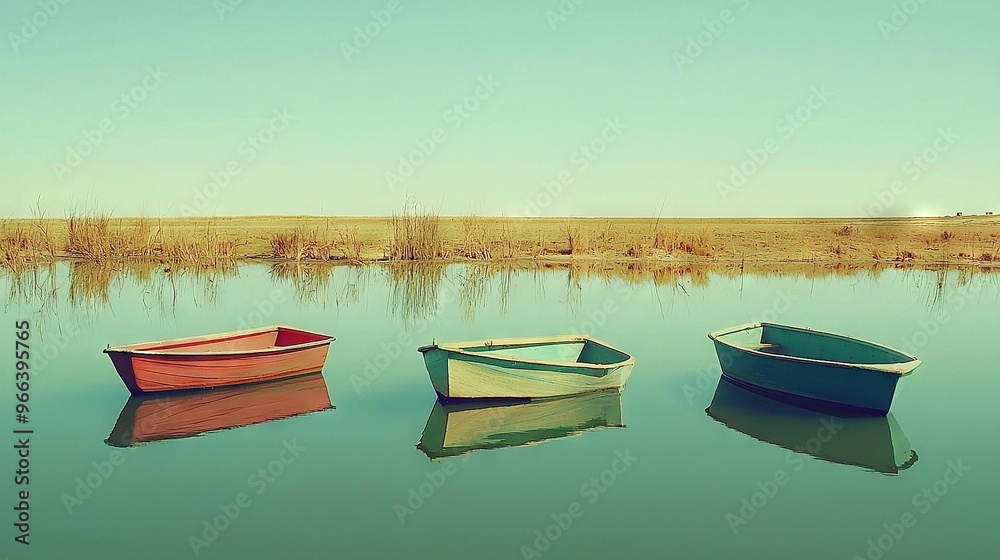 Obraz premium A few small boats bob on a sun-kissed lake beside a lush grassy field