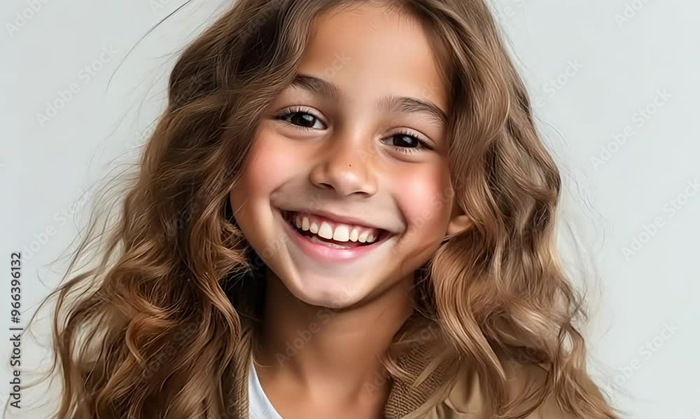 Portrait of a smiling little girl with long curly hair on a white background Portrait of a smiling little girl with long curly hair on a white background
