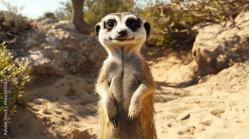 Fototapeta premium A close-up of a curious meerkat standing on its hind legs in the desert