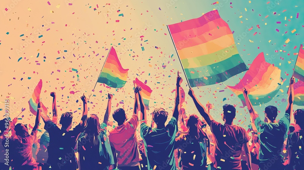 Illustration of people joyfully celebrating pride with rainbow flags and hearts. AI generated image Illustration of people joyfully celebrating pride with rainbow flags and hearts. AI generated image