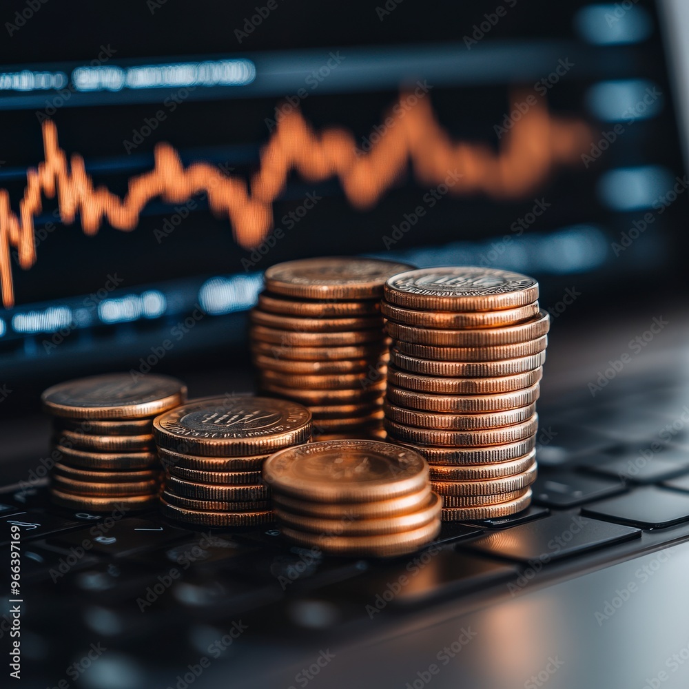 Stacks of Coins with Declining Stock Market Chart in Background Stacks of Coins with Declining Stock Market Chart in Background