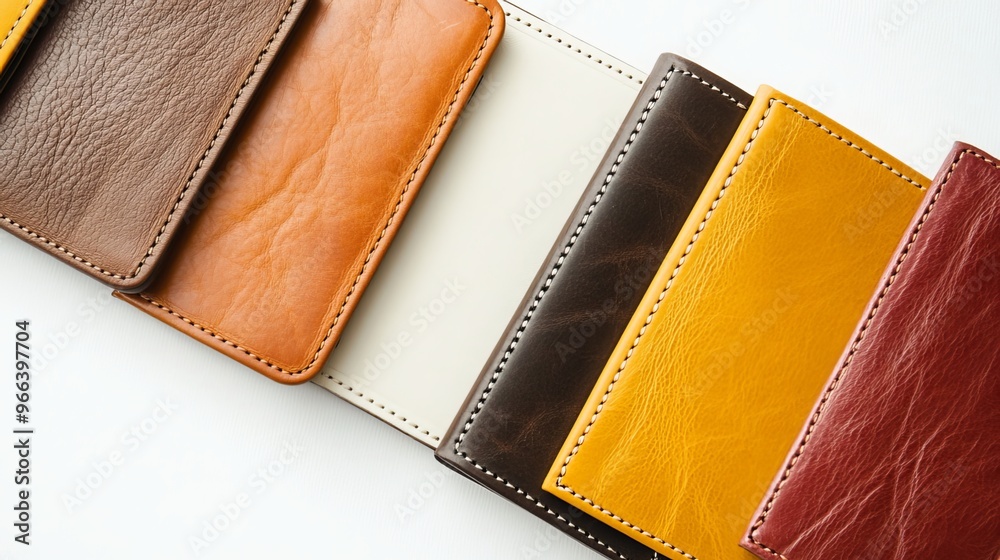 Handcrafted leather passport covers in a vibrant array of colors, including brown, white, yellow, and beige, adorn a pristine white background. Handcrafted leather passport covers in a vibrant array of colors, including brown, white, yellow, and beige, adorn a pristine white background.