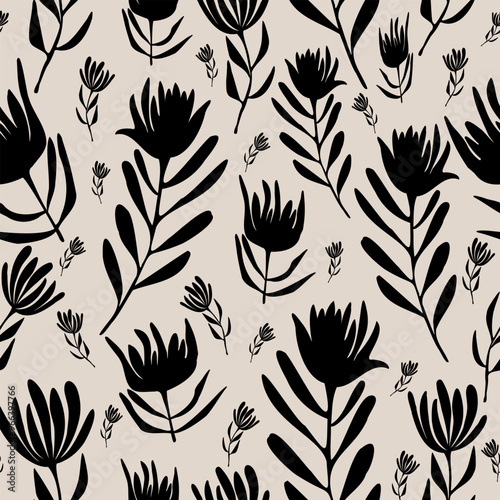 Pattern with protea flowers black silhouette. Endless texture on light beige background. 