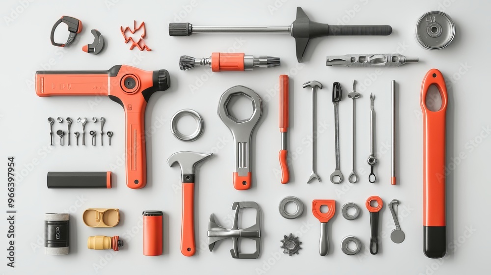 Handyman tools for repairs and installations, displayed on a white background. Three-dimensional rendering and illustration for a service banner used by plumbers and repair technicians. Handyman tools for repairs and installations, displayed on a white background. Three-dimensional rendering and illustration for a service banner used by plumbers and repair technicians.