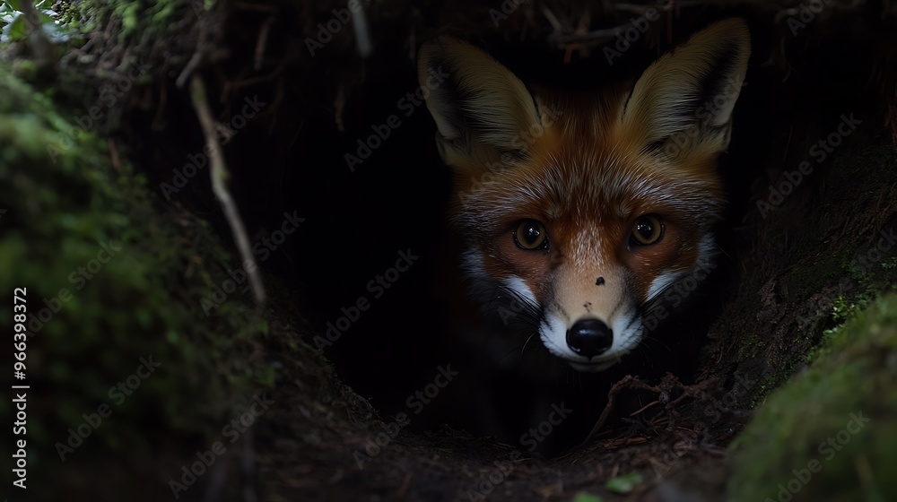 A close-up of a fox's face as it peers out from its den in the forest A close-up of a fox's face as it peers out from its den in the forest