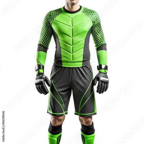 Soccer goalkeeper jersey with elbow pads in vibrant green and black colors. Generative AI