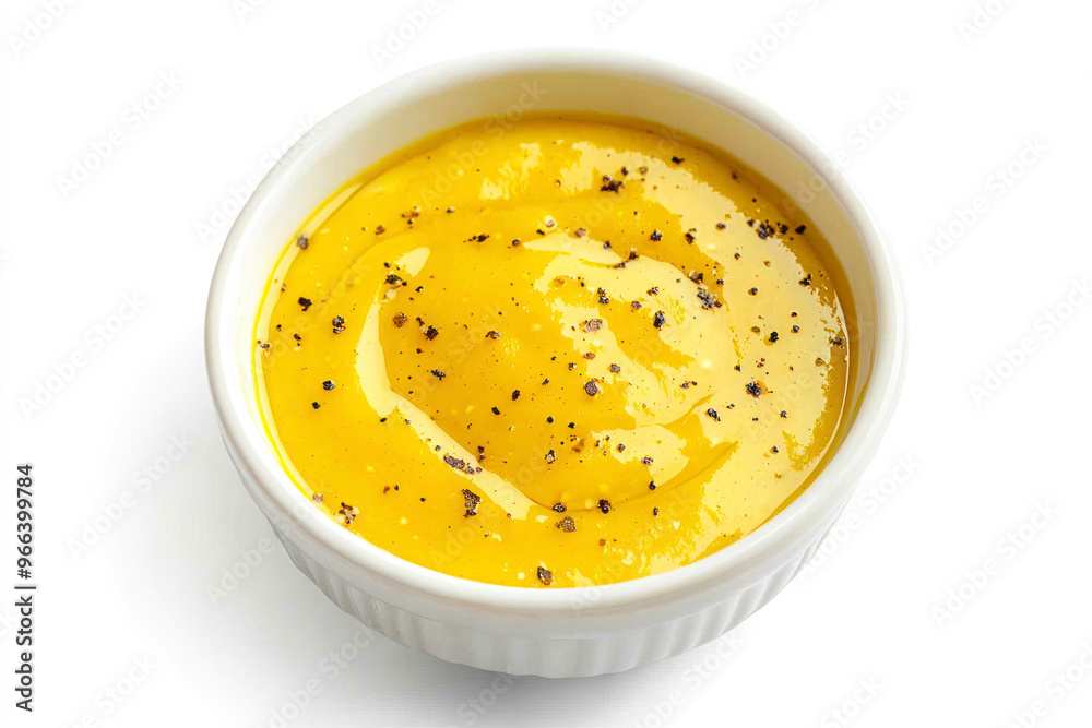 Bowl of Mustard sauce top view on white background. Yellow mustard sauce in bowl top view. Bowl of Mustard sauce top view on white background. Yellow mustard sauce in bowl top view.