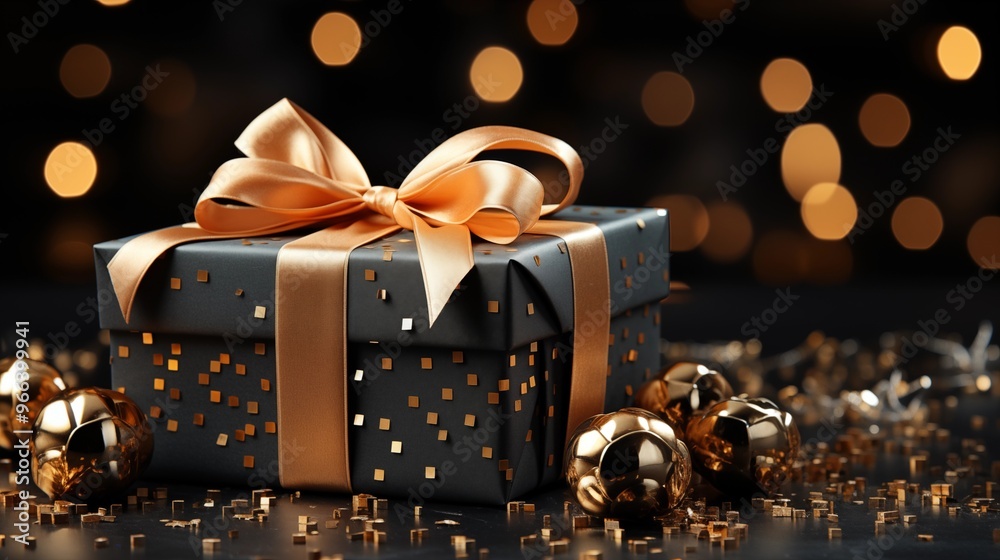Gift box and golden ribbon on black background with glitter. Gift box and golden ribbon on black background with glitter.