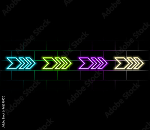 Vector realistic isolated neon sign of Arrow logo decoration and template covering on the blue background.