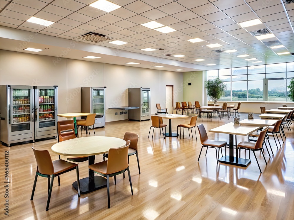 Clean and modern institutional dining area with rows of tables, chairs, and vending machines set against a neutral-toned wall and polished floor. Clean and modern institutional dining area with rows of tables, chairs, and vending machines set against a neutral-toned wall and polished floor.